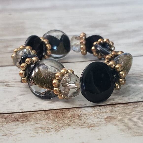 Vintage Bracelet - Black & Gold Tone Chunky Stretch Bracelet - Picture 1 of 4